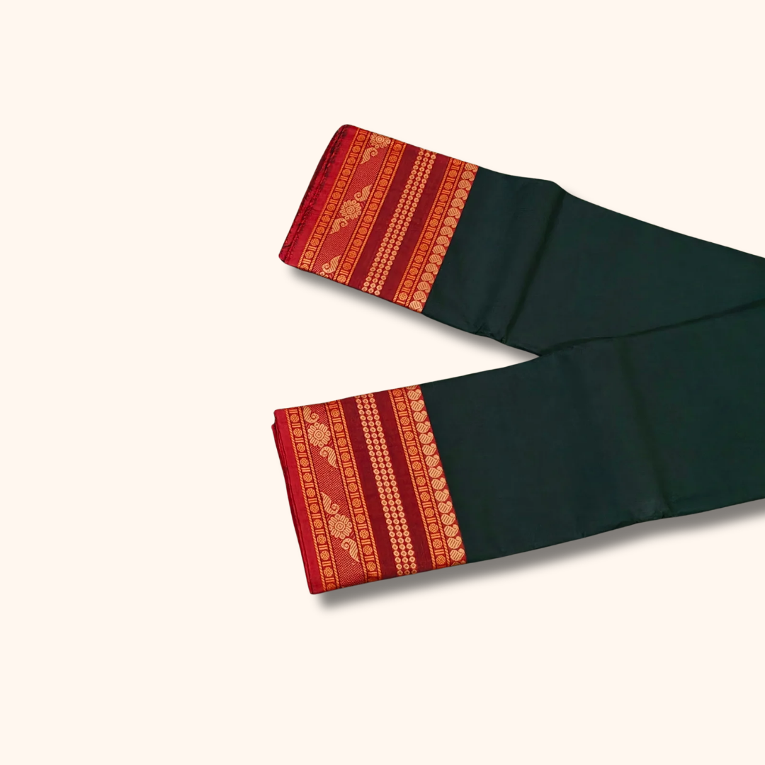 Dark Green Chettinad Cotton Saree with Maroon Traditional Border