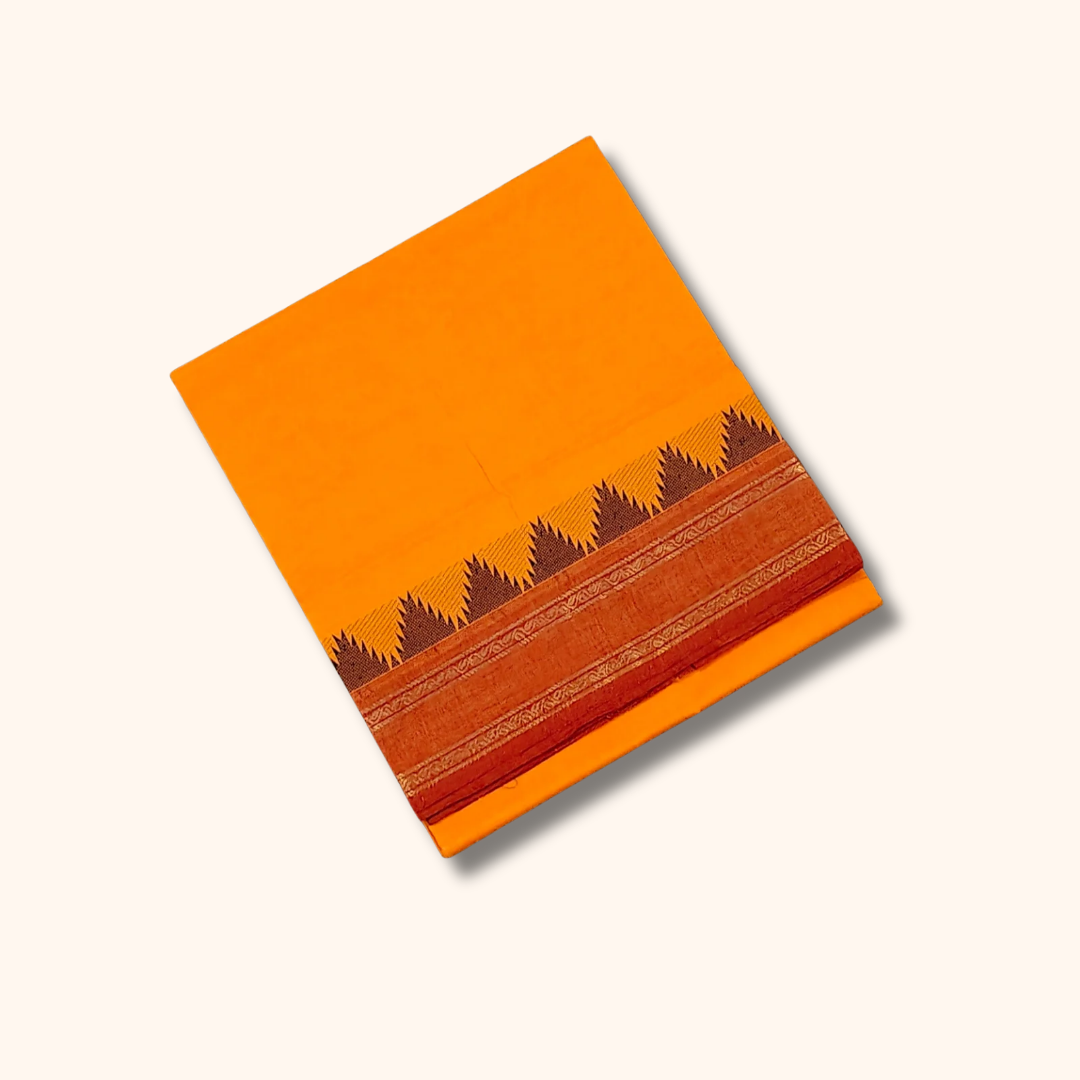 Mustard Yellow Chettinad Cotton Saree with Brown Temple Border