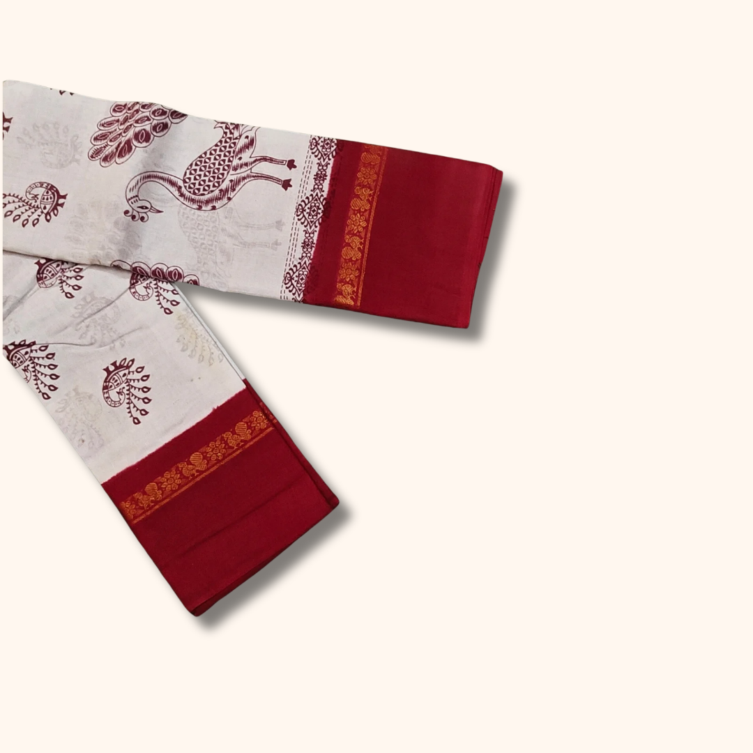 White & Red Peacock Print Sungudi Cotton Saree