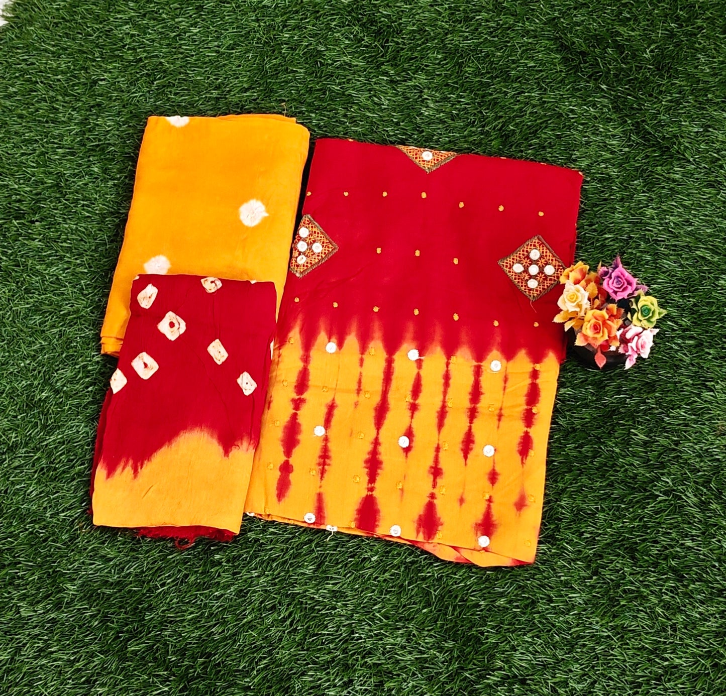 Red & Yellow Sungudi Cotton Chudidar Material Set with Tie-Dye & Bandhani Work