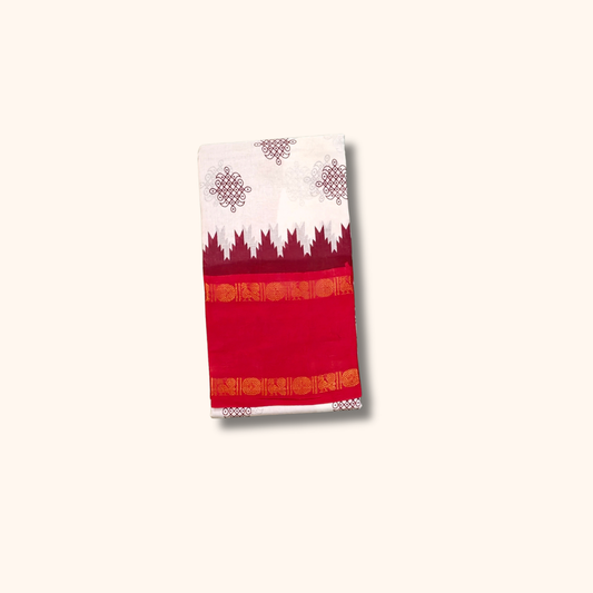 White Cotton Saree with Bright Red Temple Border – Running Blouse