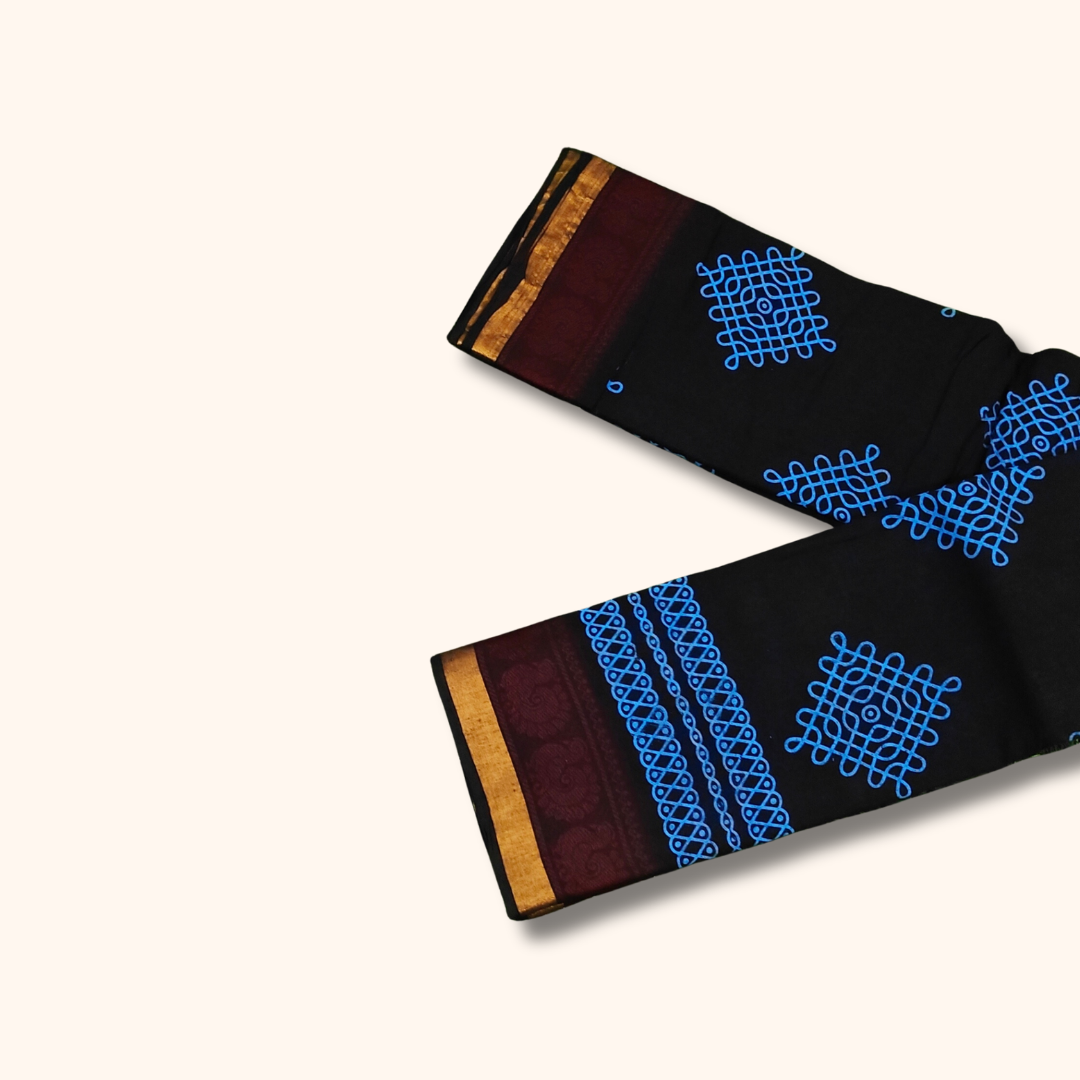 Black Kolam Print Cotton Saree with Maroon & Gold Border