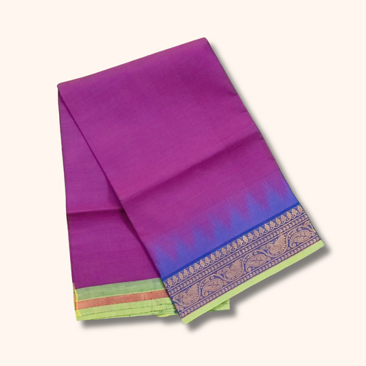 Magenta-Purple Cotton Saree with Contrast Blue Border