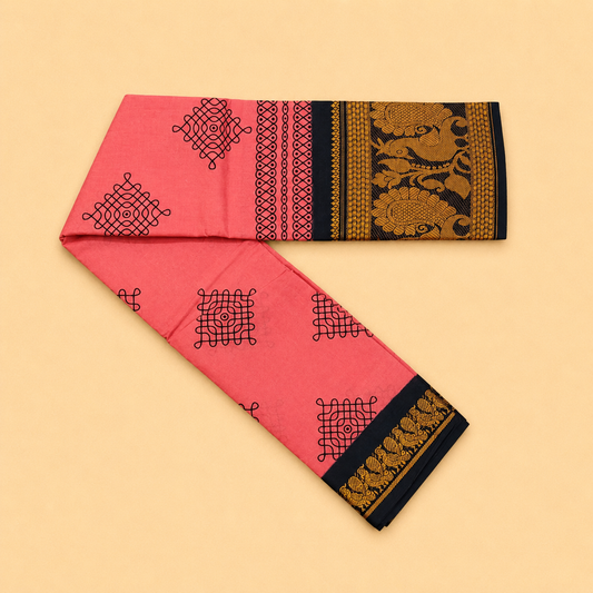 Coral Pink Printed Cotton Saree with Navy Blue Traditional Border