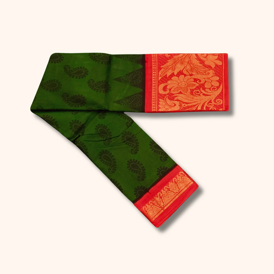 Bottle Green Cotton Saree with Paisley Motifs & Rich Coral Red Peacock Border