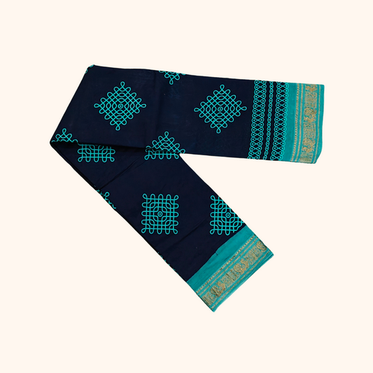 Navy Blue Kolam Sungudi Cotton Saree with Turquoise Border