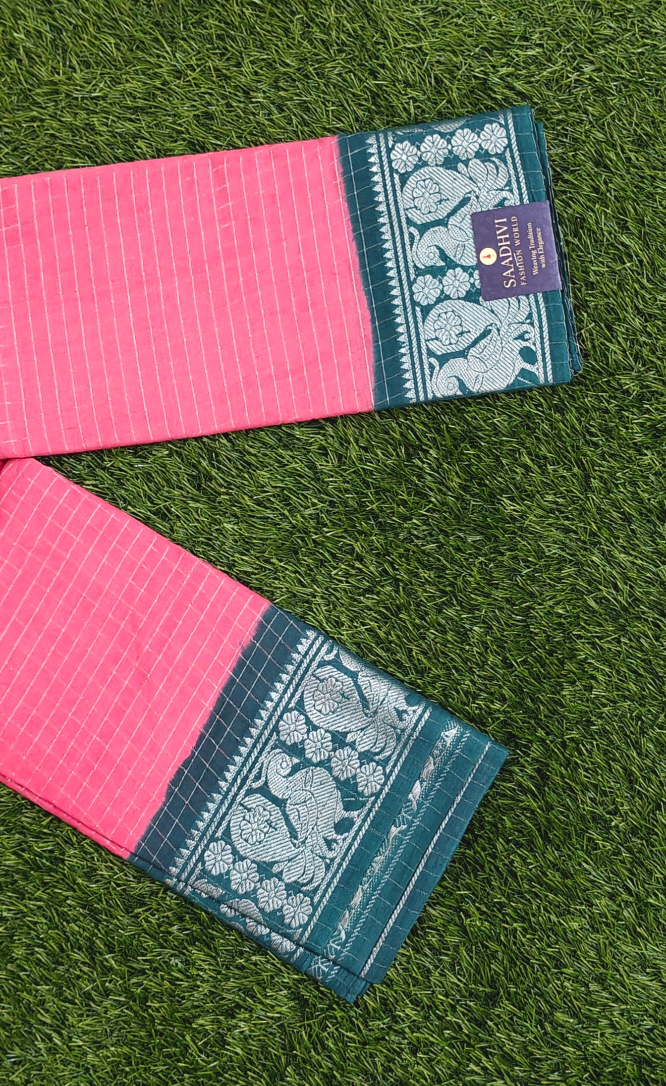 Pink Sungudi Cotton Saree with Peacock Motif Border