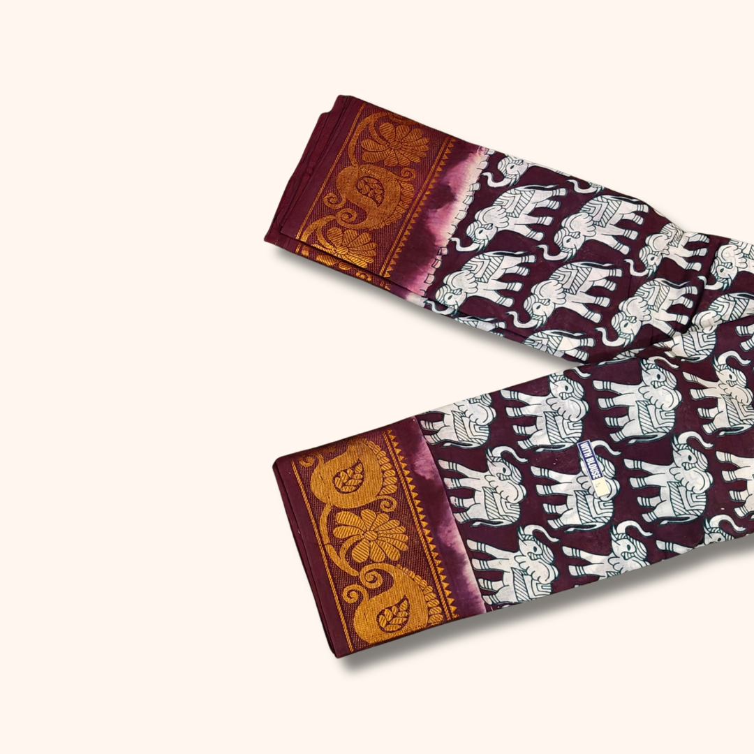 Wine Maroon Elephant Print Sungudi Cotton Saree with Traditional Border