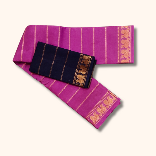 Magenta Cotton Saree with Navy Blue Contrast Blouse β Traditional Cotton Saree