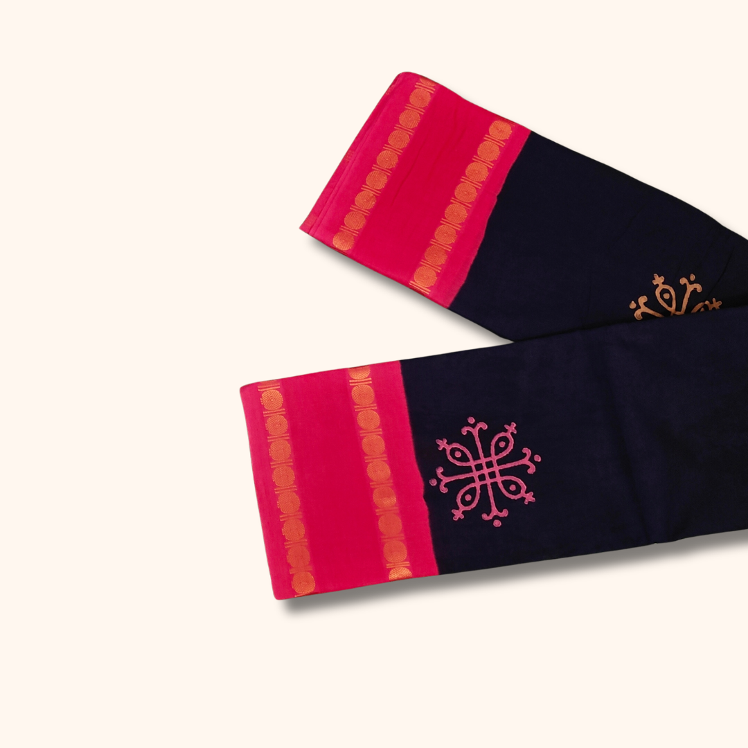 Navy Blue Cotton Saree with Pink Border – Running Blouse
