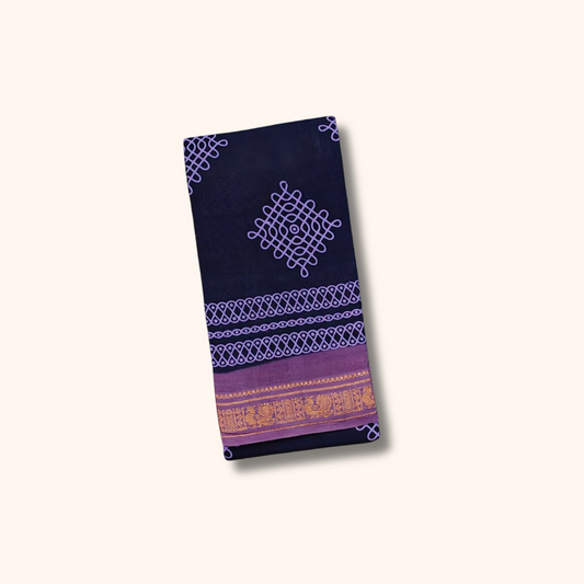 Navy Blue Kolam Sungudi Cotton Saree with Lavender Border