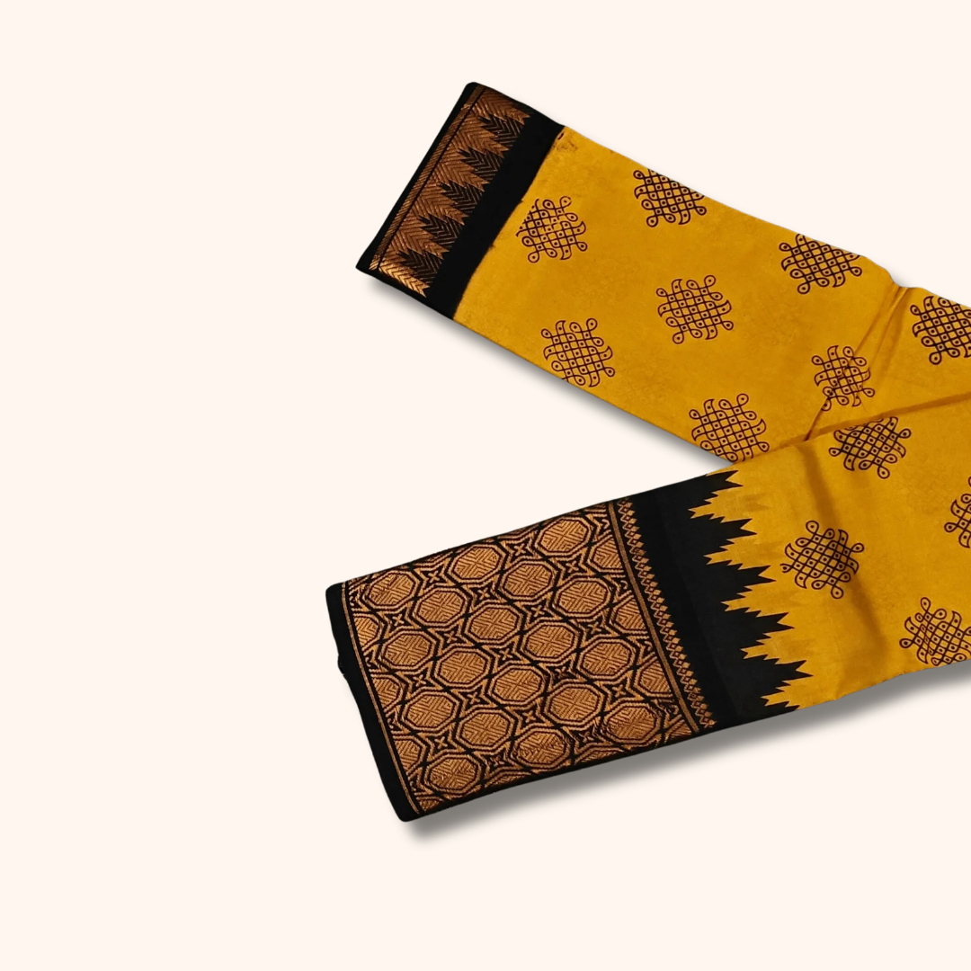 Mustard Yellow Kolam Print Cotton Saree with Black Geometric Border