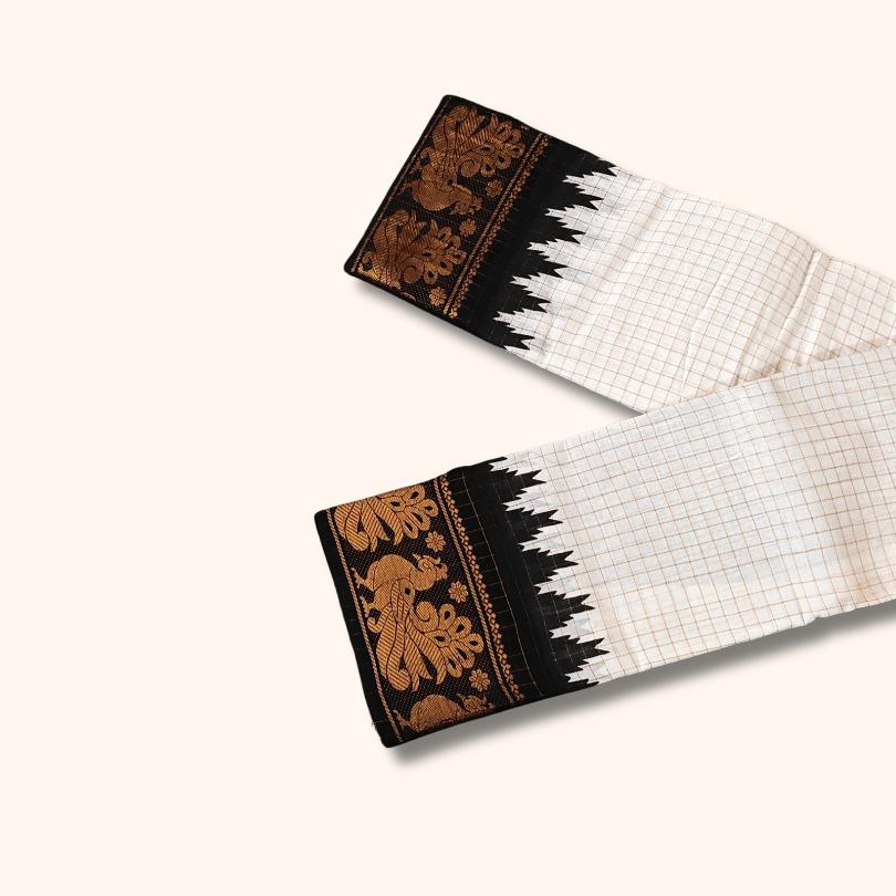 Beautiful White Pure Cotton Sungudi Saree with Black & Gold Peacock Border