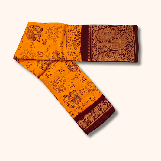 Mustard Yellow Cotton Saree with Maroon Peacock Border