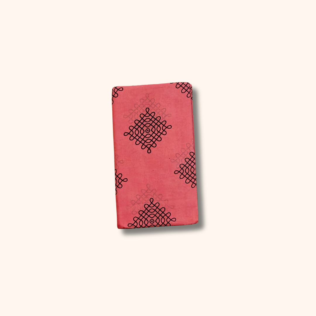 Coral Pink Kolam Design Sungudi Saree with Black Border – No Blouse