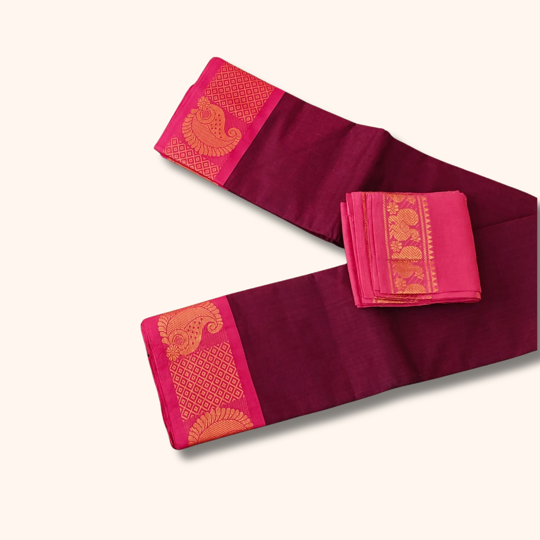 Maroon Chettinad Cotton Saree with Peacock Zari Border & Separate Blouse Piece