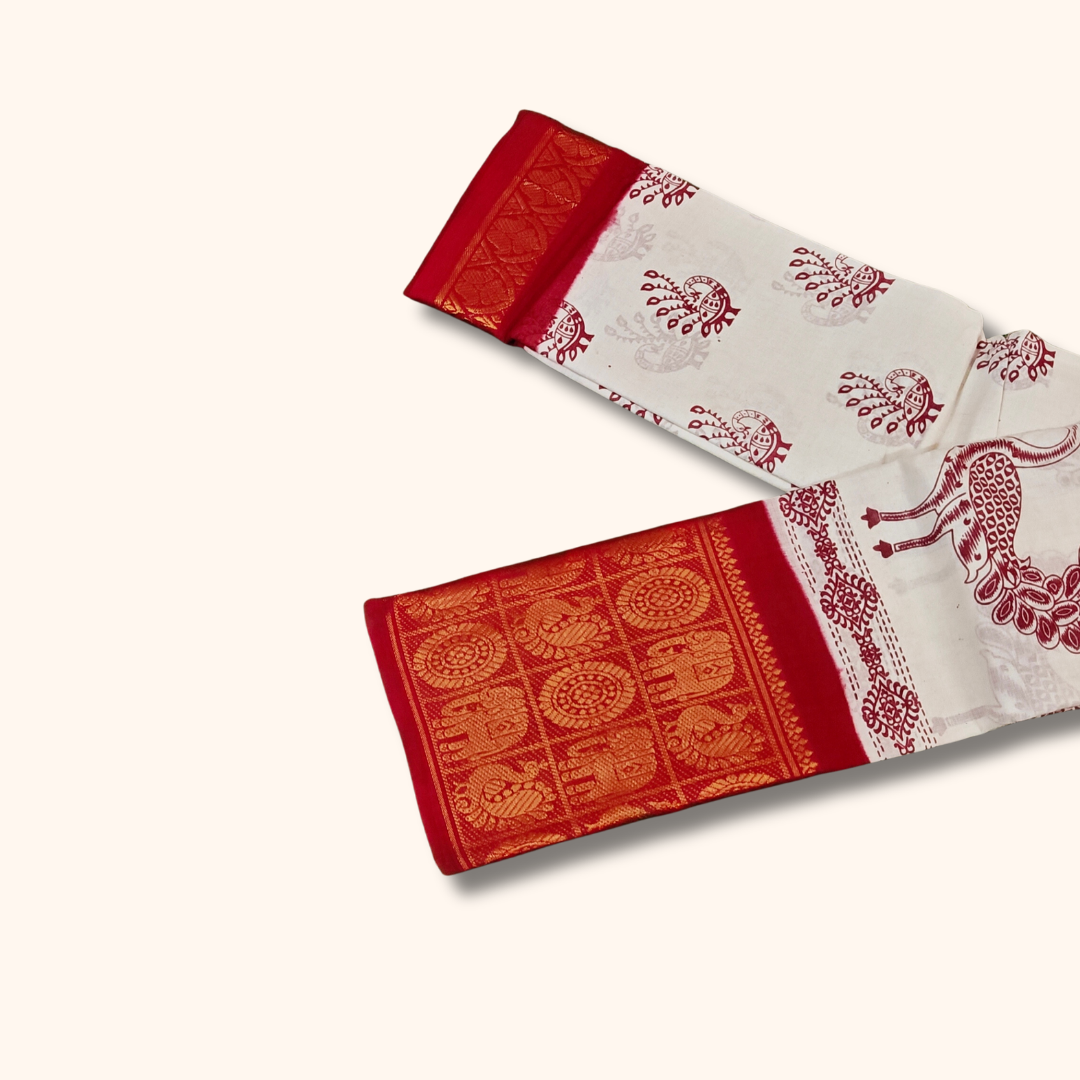 White Peacock Printed Sungudi Cotton Saree with Elephant Border