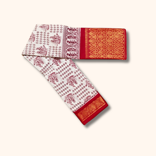 Elegant White Sungudi Saree with Heritage Motif Print