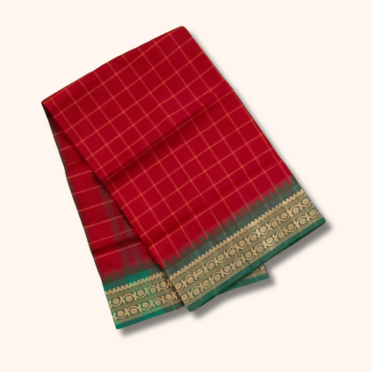Red Checked Chettinad Cotton Saree with Green Traditional Border
