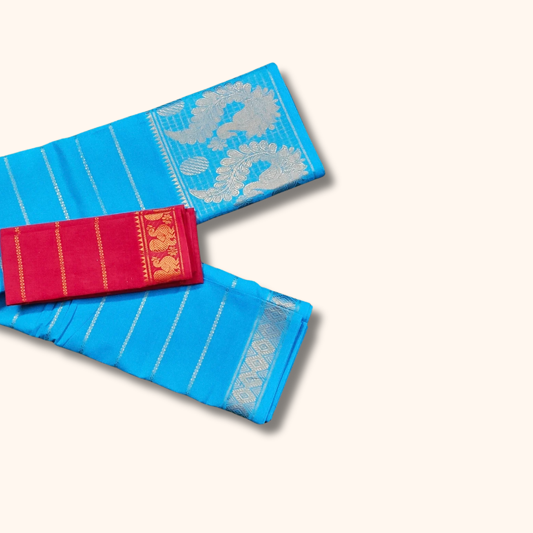 Sky Blue Pure Sungudi Cotton Saree with Silver Zari Paisley Pallu & Pink Blouse Piece