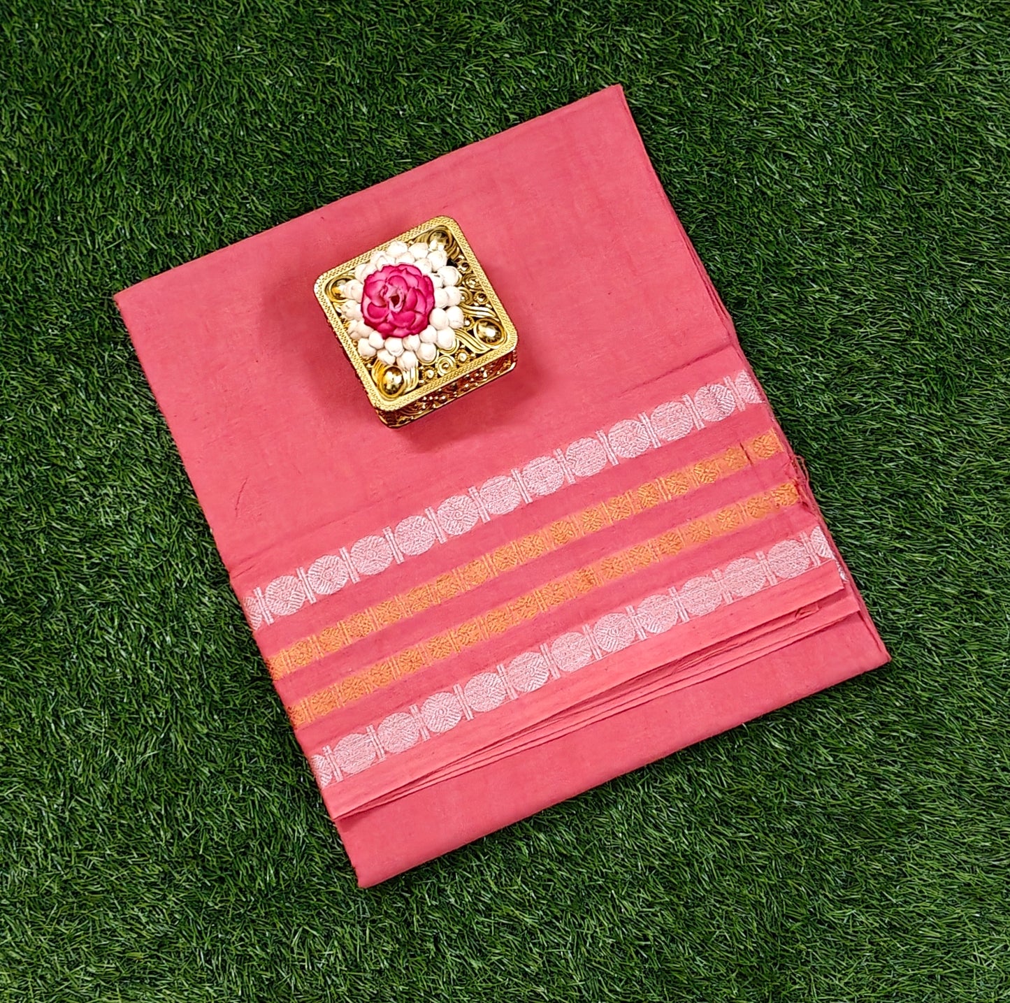 Rose Pink Sungudi Cotton Saree with Silver & Gold Striped Border