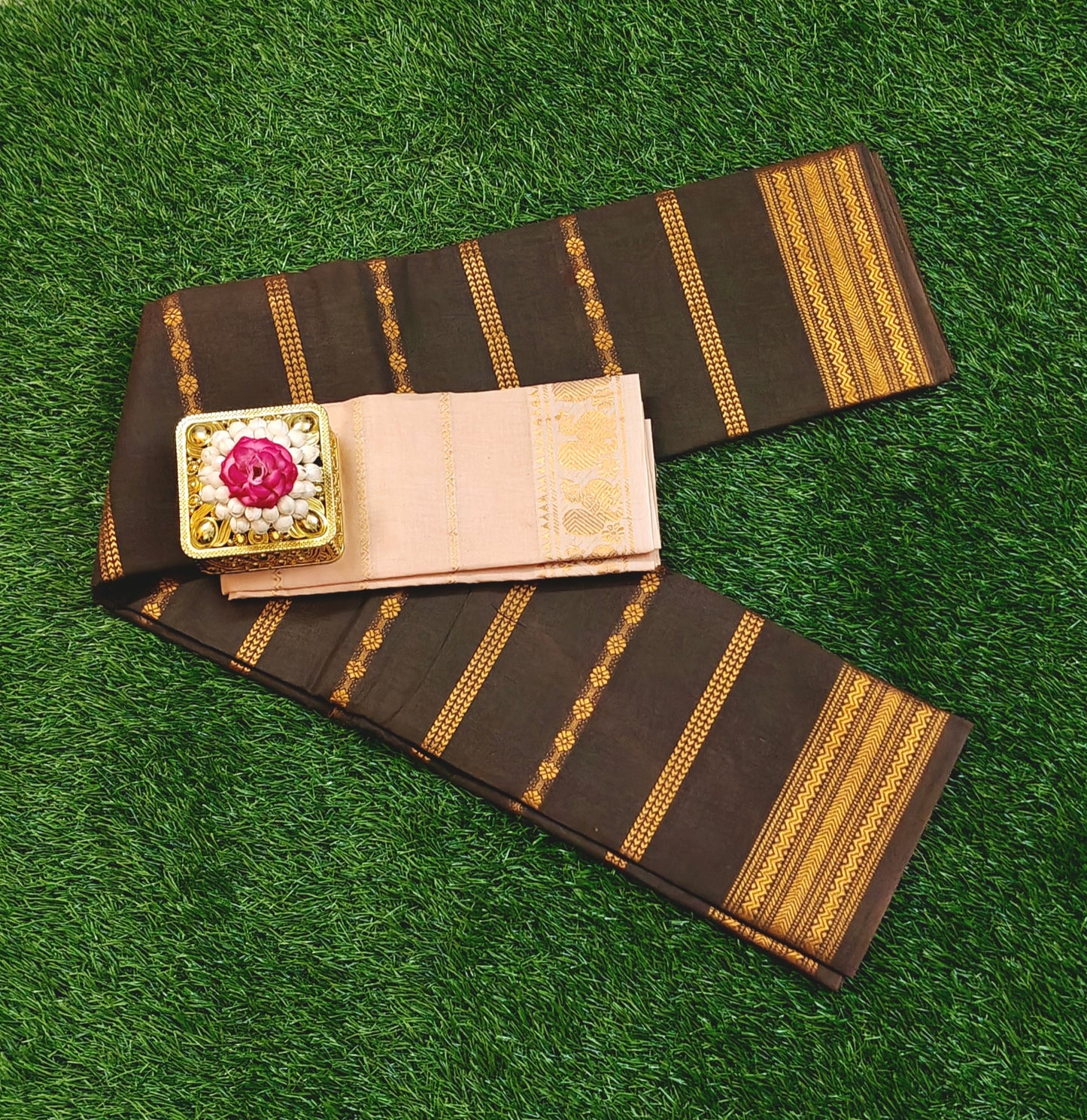 Dark Olive Green Sungudi Cotton Saree with Gold Zari Stripes & Contrast Blouse