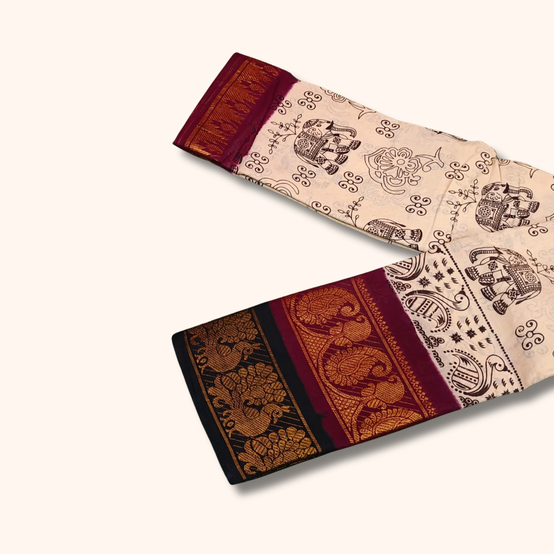 Cream Elephant Print Double Border Sungudi Cotton Saree – Traditional Peacock Border