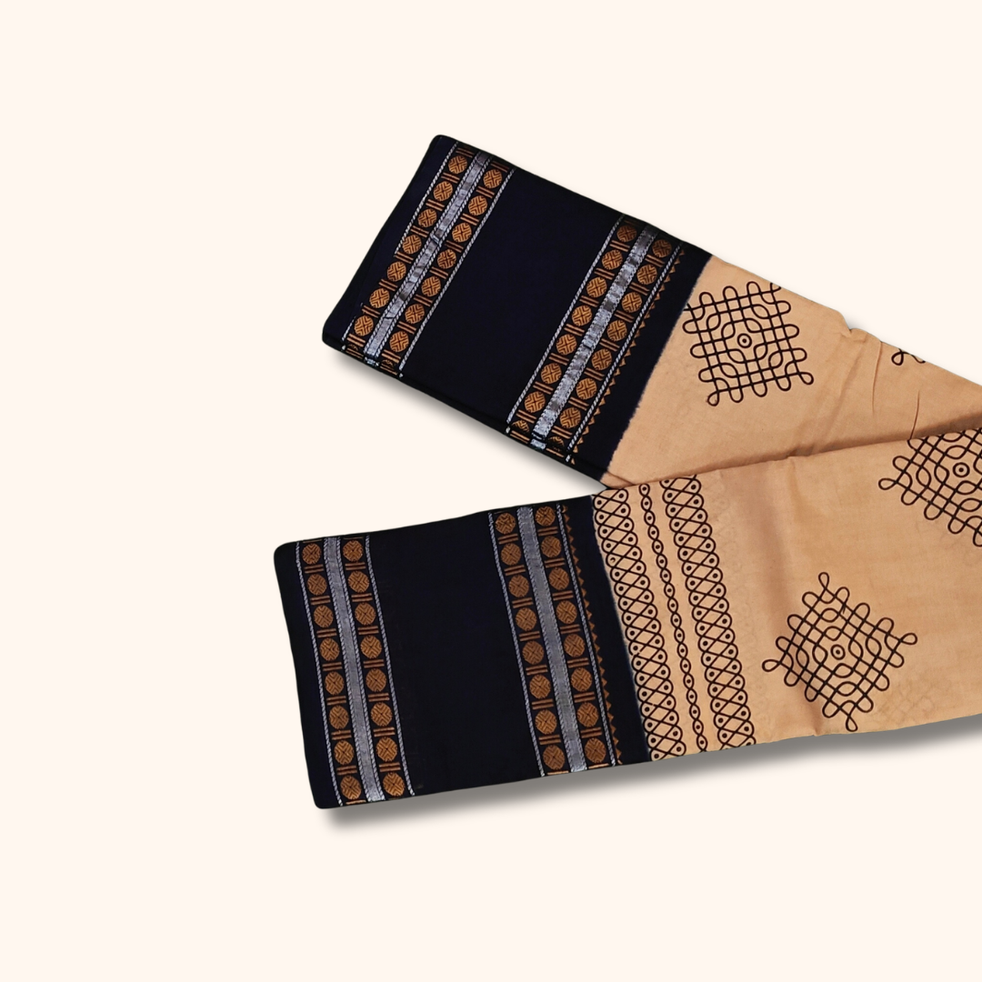 Beige Cotton Saree with Navy Blue Border and Traditional Kolam Motifs – Running Blouse