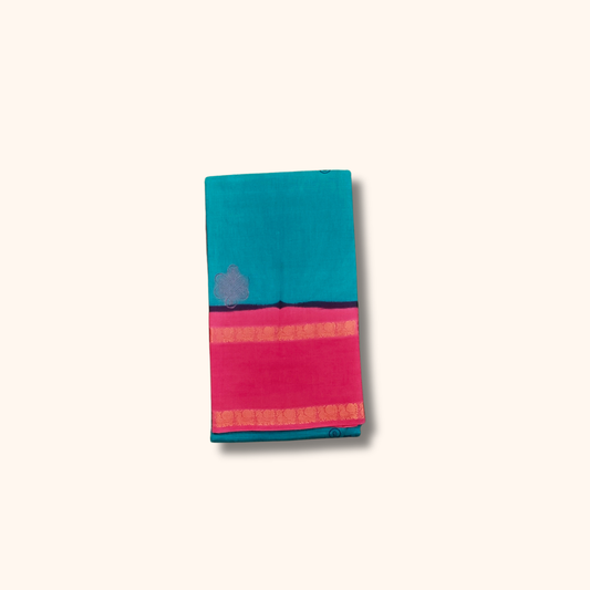 Turquoise Blue Cotton Saree with Pink Border – Running Blouse
