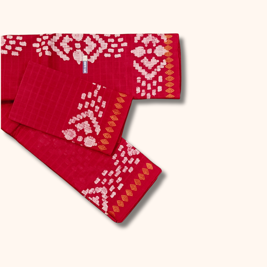 Rani Pink Sungudi Cotton Saree with Traditional White Batik Design & Matching Blouse Piece