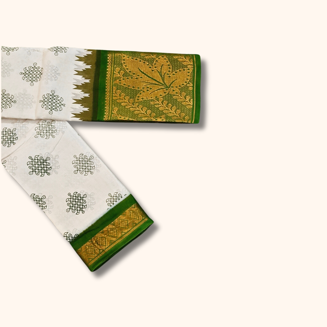 White & Green Floral Border Kolam Sungudi Cotton Saree