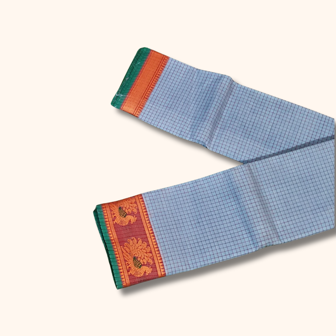 Powder Blue Pure Chettinad Cotton Saree with Peach-Gold & Green Border