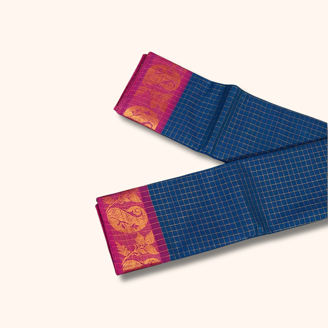 Royal Blue Chettinad Cotton Saree with Pink Peacock Zari Border