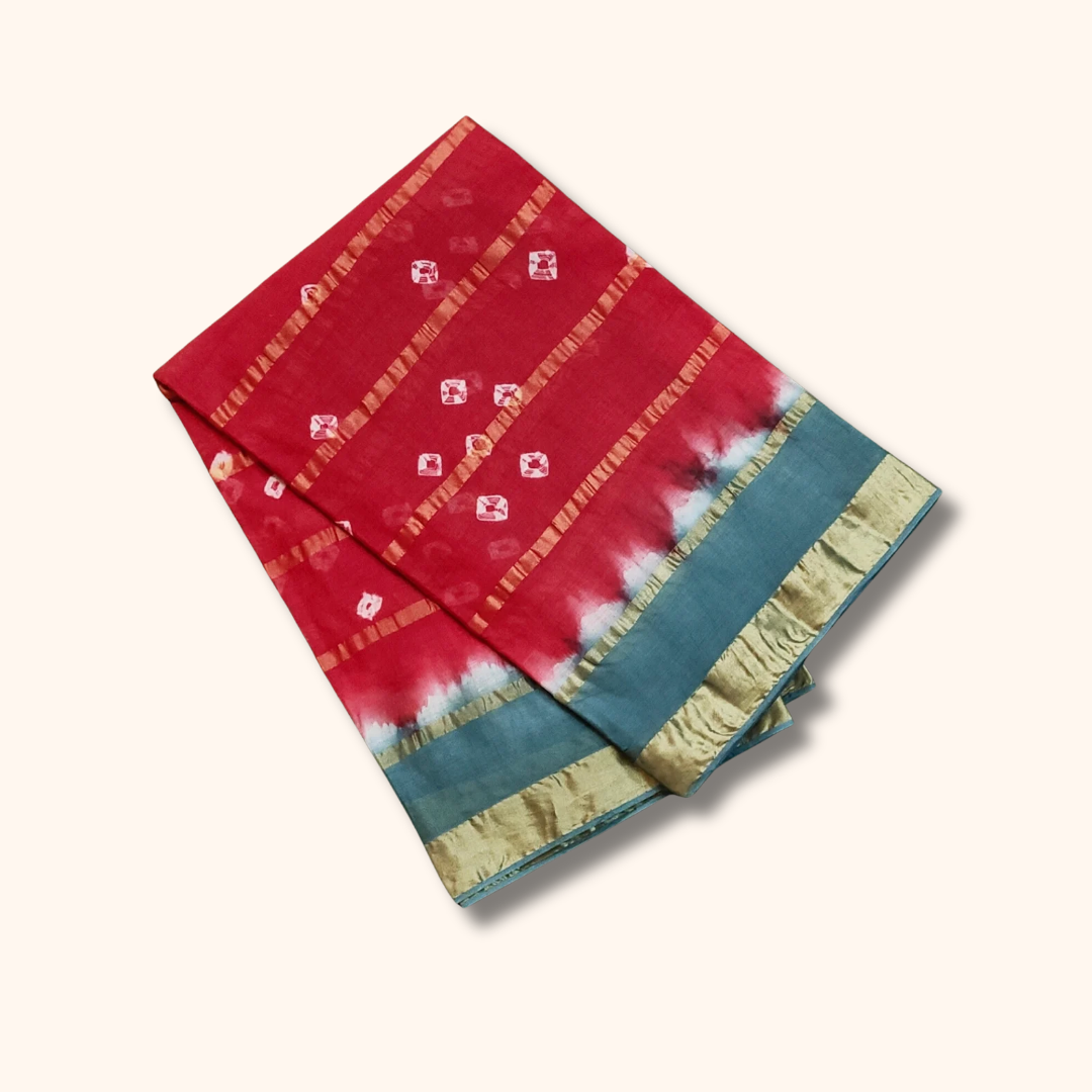 Red & Teal Blue Cotton Saree with Gold Zari Border & Traditional Motifs