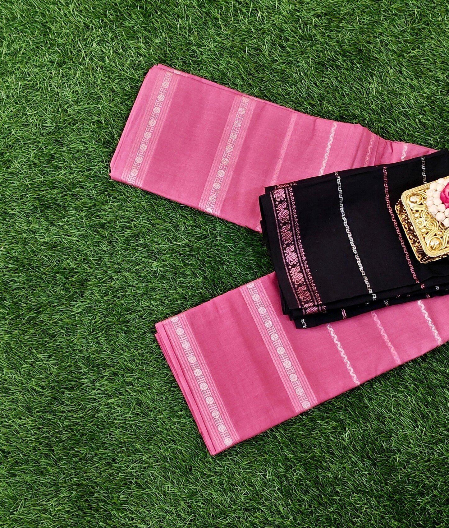 Classic Pink Saree with Black Blouse - Silver Zari Border