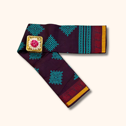 Deep Maroon Sungudi Cotton Saree with Teal Kolam Design & Zari Border
