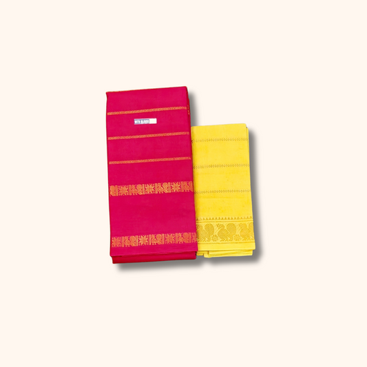 Magenta Pink Cotton Saree with Golden Stripes & Traditional Border – Yellow Blouse Piece