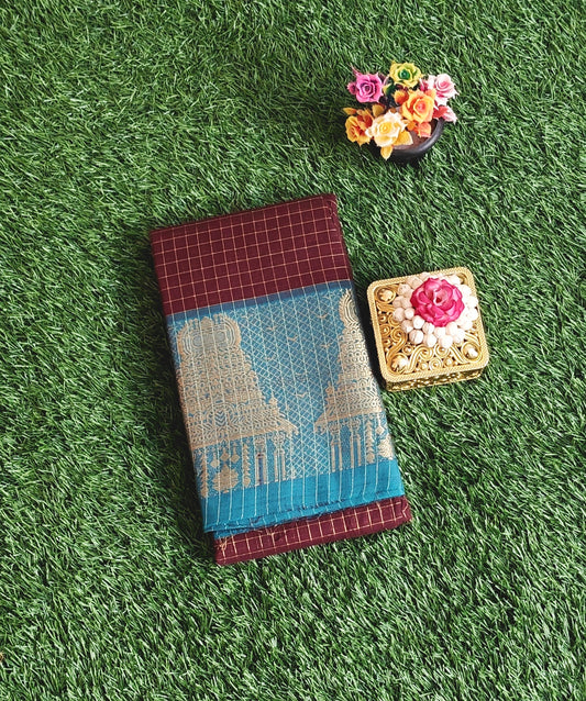 Chettinad Cotton Saree with Meenakshi Gopuram Border β Dark Chocolate Brown Checks with Teal Blue Border