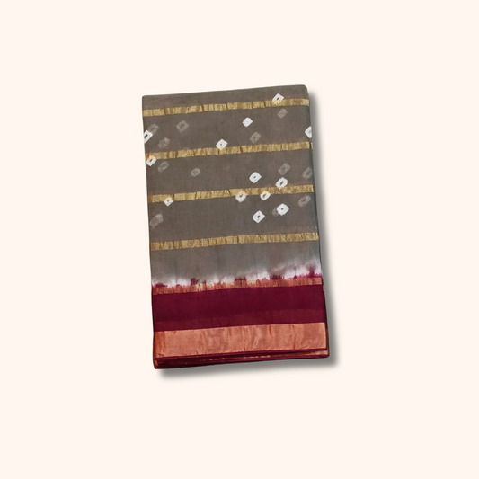 Charcoal Grey & Wine Tie-Dye Cotton Saree with Gold Zari Border