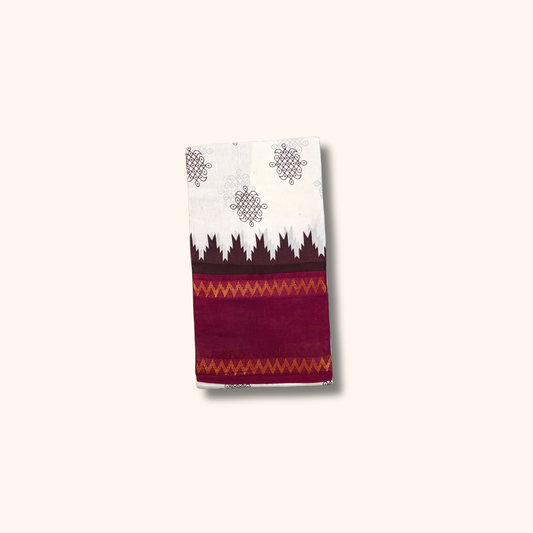 White Sungudi Cotton Saree with Maroon Zigzag Border – Running Blouse