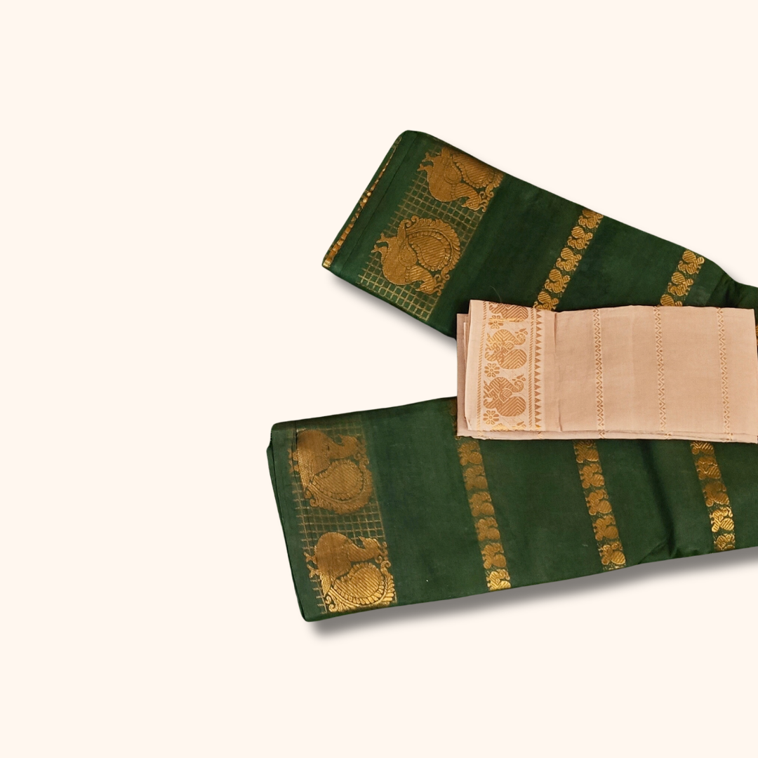 Dark Green Cotton Saree with Gold Zari Stripes & Peacock Border – Separate Beige Blouse Piece