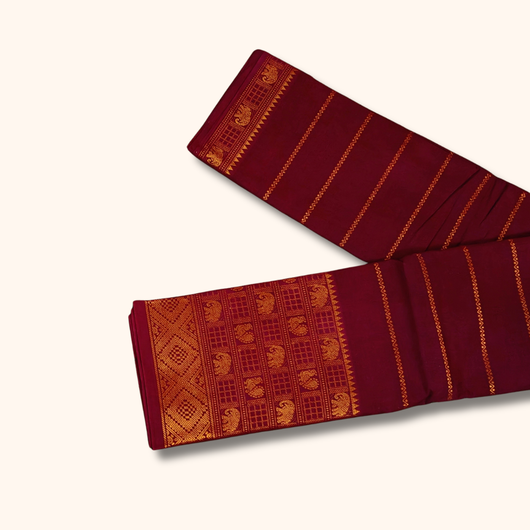 Maroon Cotton Saree with Traditional Gold Elephant Border – Running Blouse