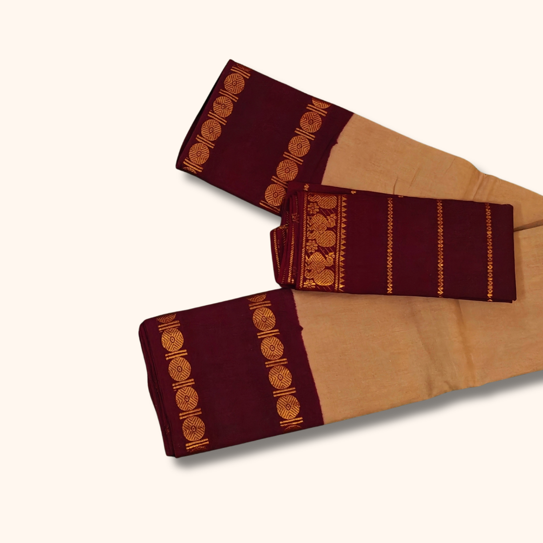 Beige & Maroon Cotton Saree with Gold Zari Circular Motifs & Border – Separate Blouse