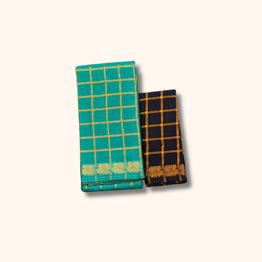 Pavithra Kattam Sungudi Cotton Saree – Teal Blue with Gold Checks & Traditional Motif Border