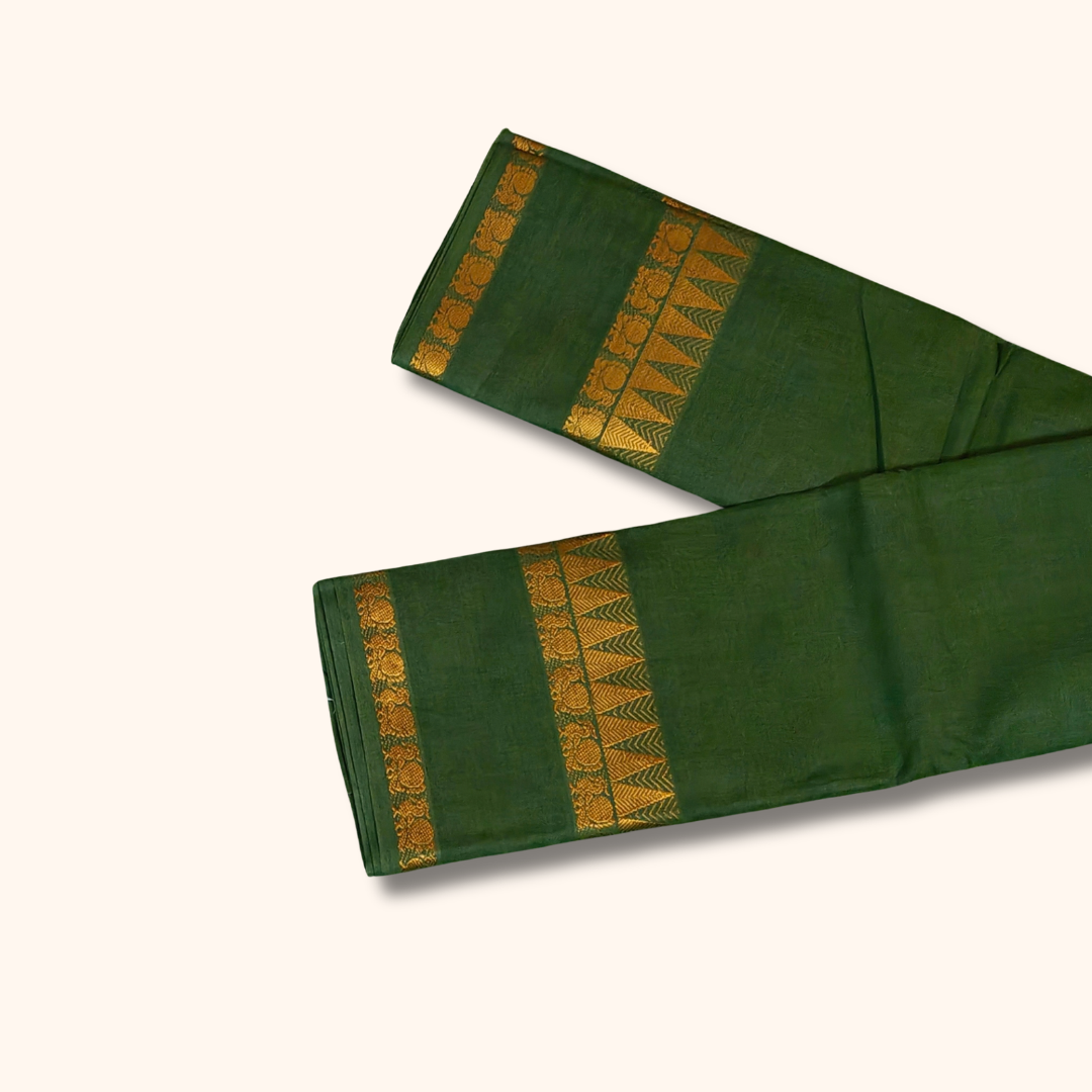 Dark Green Cotton Saree with Gold Zari Stripes & Traditional Border – Running Blouse Included