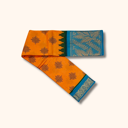 Mustard Yellow Kolam Cotton Saree with Sky Blue Floral Zari Border