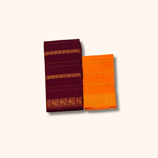 Wine Maroon Cotton Saree with Gold Zari Stripes & Traditional Border – Separate Blouse