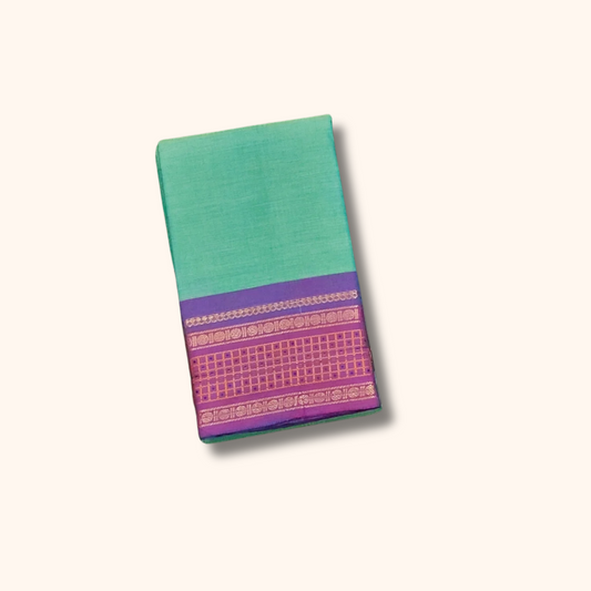 Sea Green Chettinad Cotton Saree with Royal Purple Traditional Border