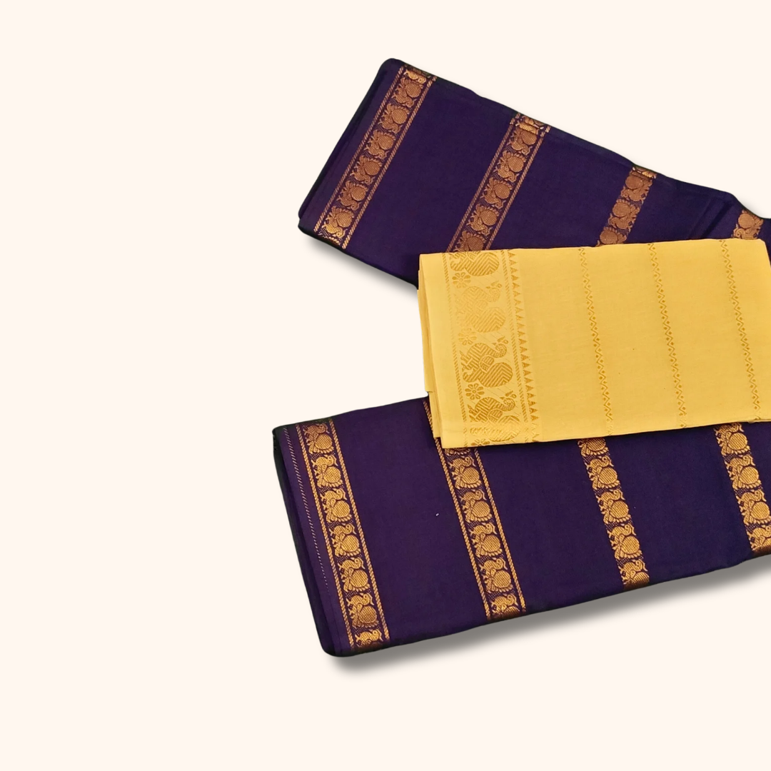 Royal Purple Cotton Saree with Gold Zari Border & Separate Blouse