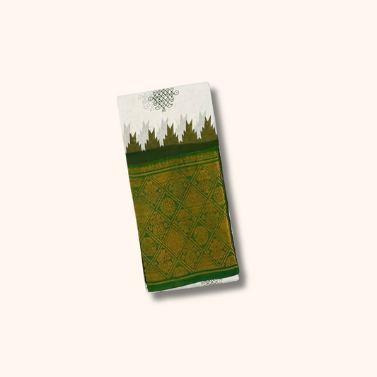 Cream Sungudi Cotton Saree with Bottle Green Diamond Zari Border